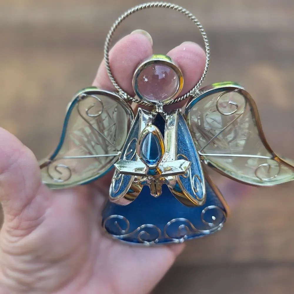 Stained Glass Angel Figurine Blue Gold Tone Christmas Decor 5 Inch